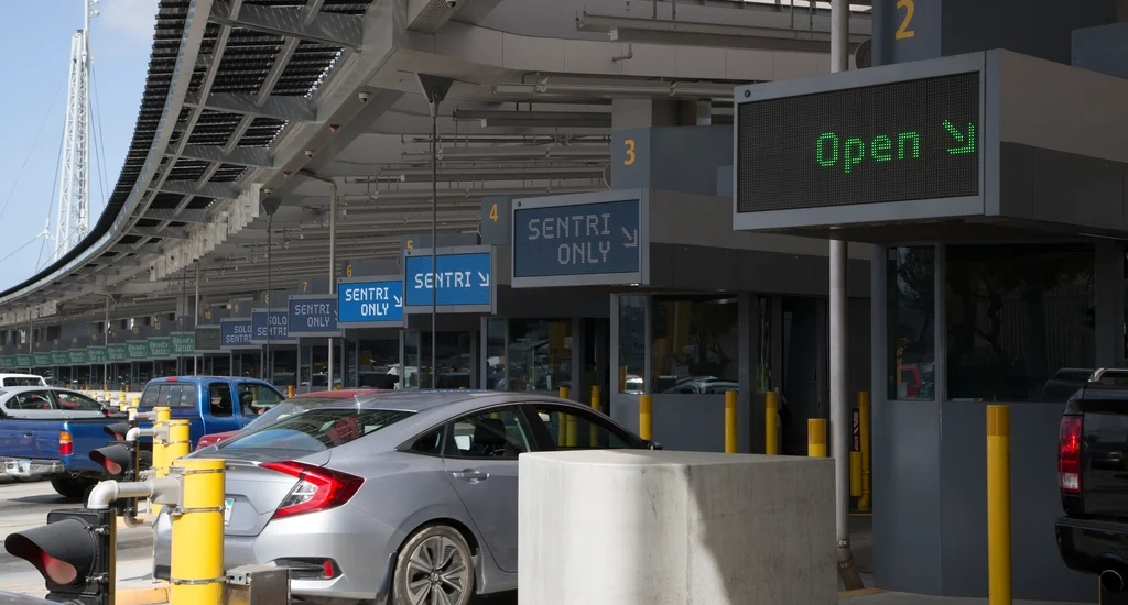 Cars lined up at inspection booths at the San Ysidro border crossing