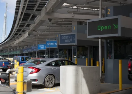Cars lined up at inspection booths at the San Ysidro border crossing