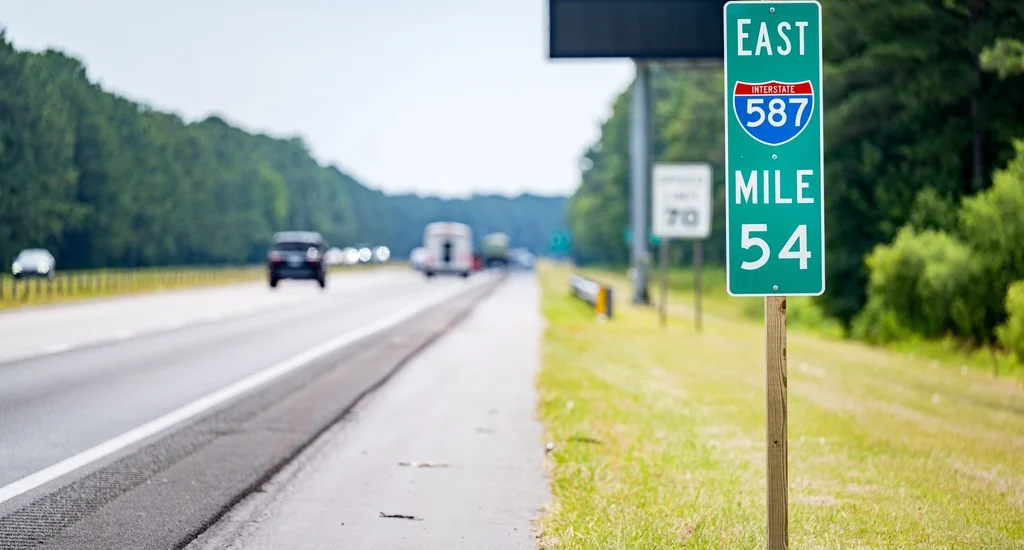An Interstate 587 East mile marker sign beside a highway